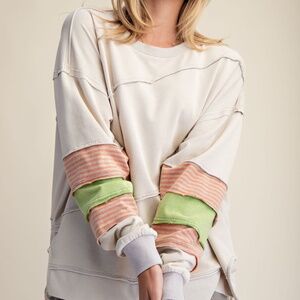 New Easel Terry Knit Color Block Sweatshirt Pullover Oversized Cotton Tan Small